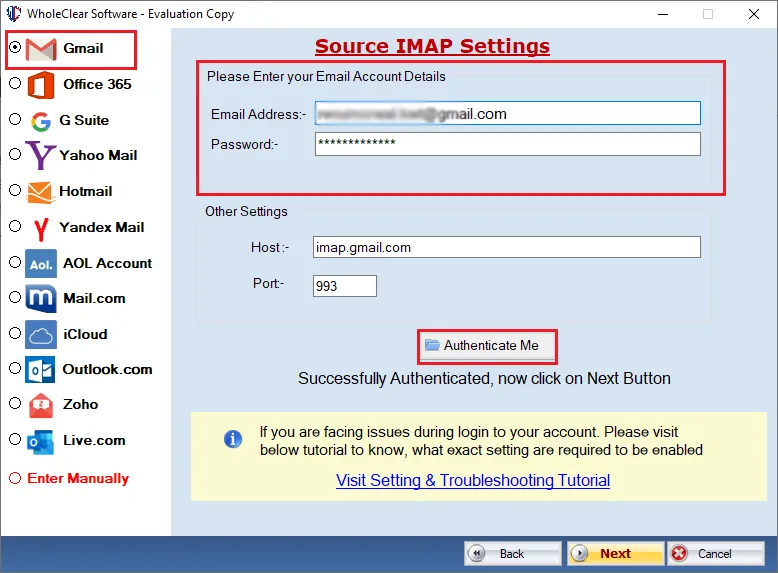 choose gmail and authenticate account