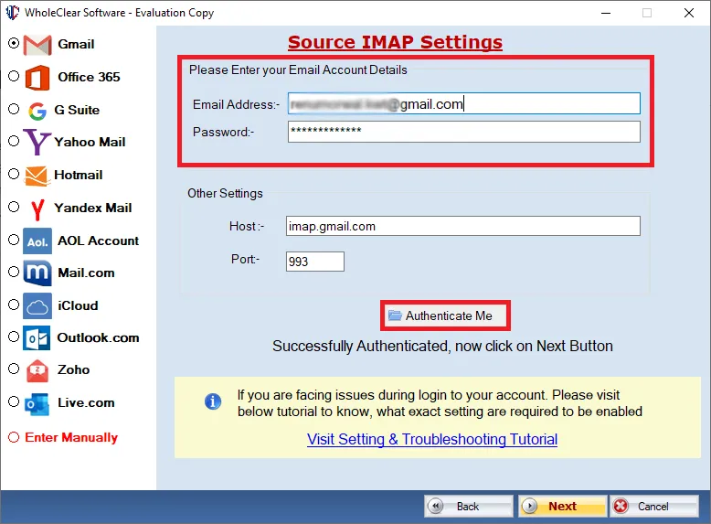 choose gmail and authenticate account