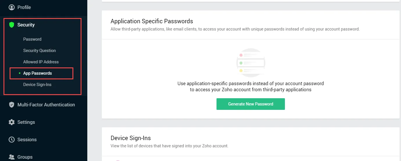 go to zoho security tab