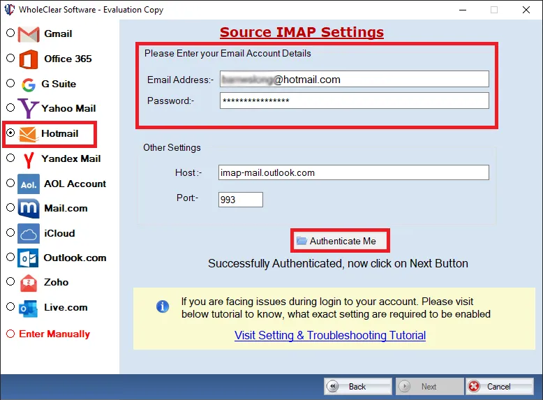 choose hotmail and authenticate account