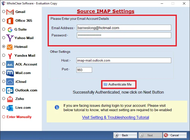 authenticate hotmail account