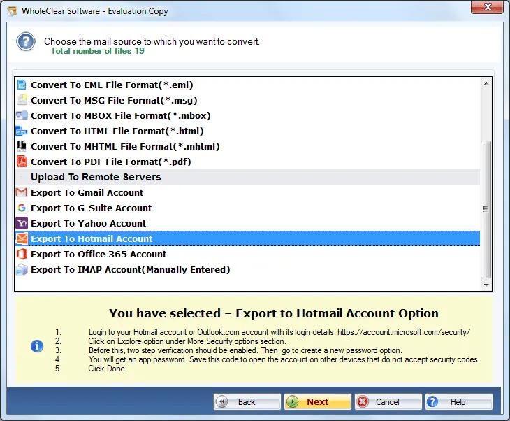 select export to hotmail