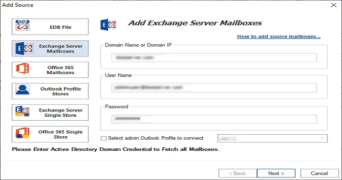 add exchange server details
