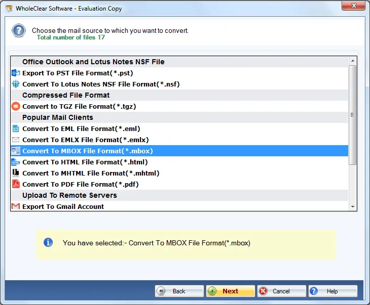 select mbox format