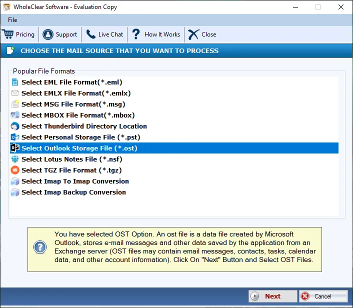 select ost file format