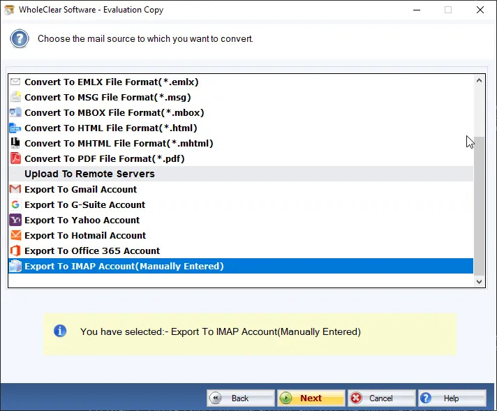 click on export to imap