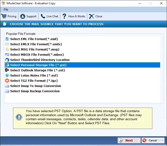 select pst format