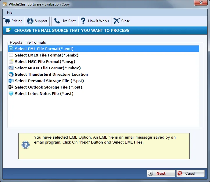 select eml file format