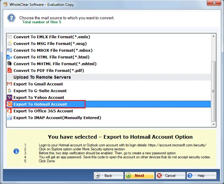 choose hotmail option