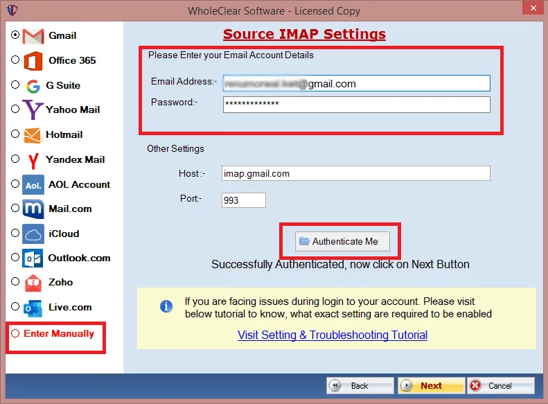 enter imap details and authenticate