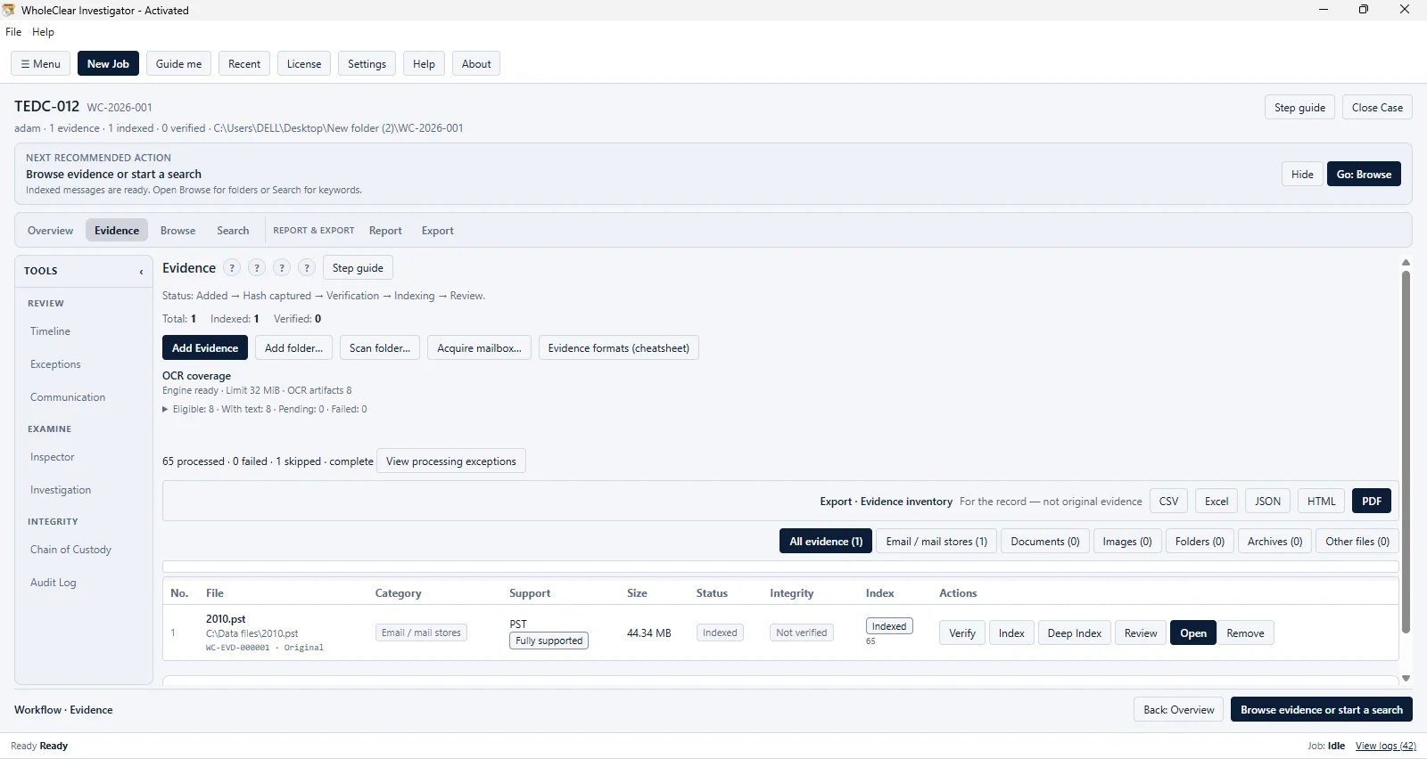 WholeClear Investigator case-wide evidence inventory showing added items, integrity status, indexing progress and processing results