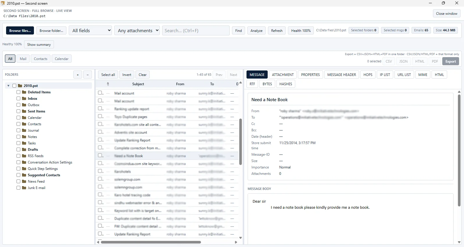 Investigator email evidence examiner with folder tree, message list, body preview and header, hops, MIME and hash tabs