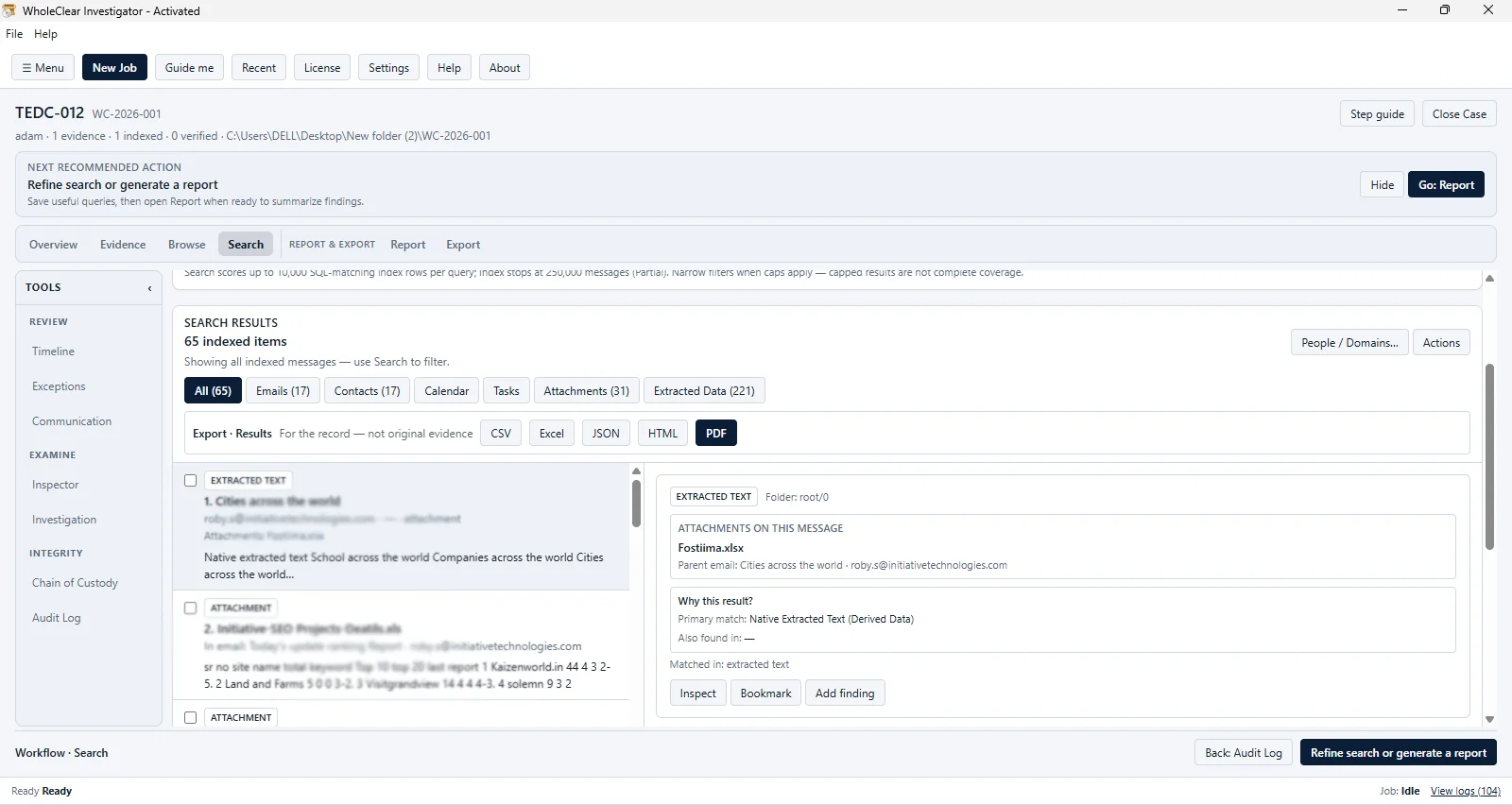 Investigator indexed search with keyword, field-aware and extracted-text results labeled as derived data