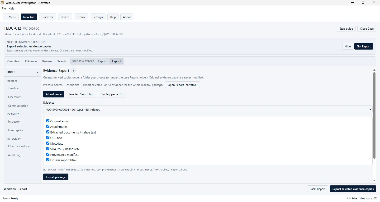 Investigator evidence export workspace for selecting evidence copies, hash records, provenance details and a dossier report