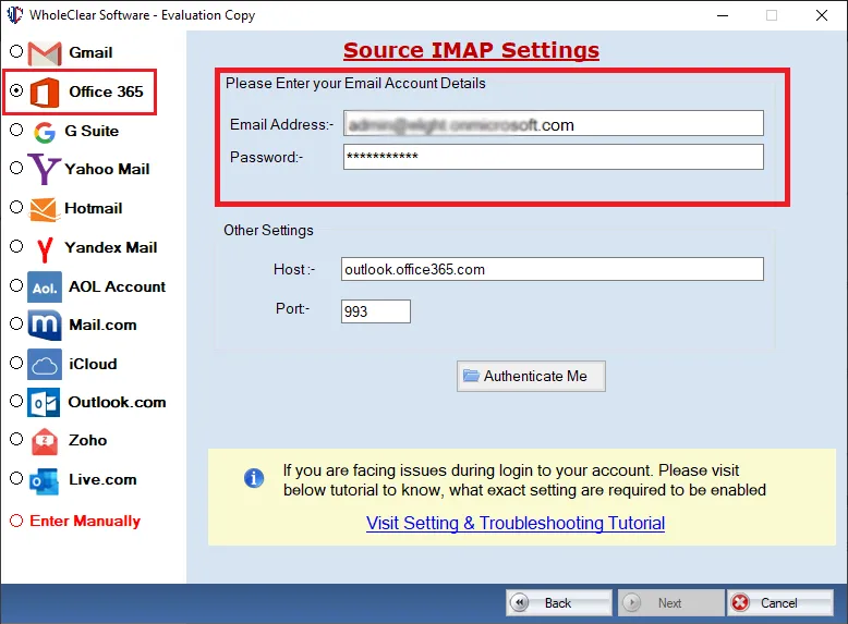 choose office 365 and authenticate account