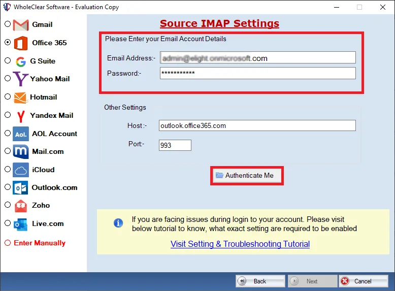 authenticate Office 365 account