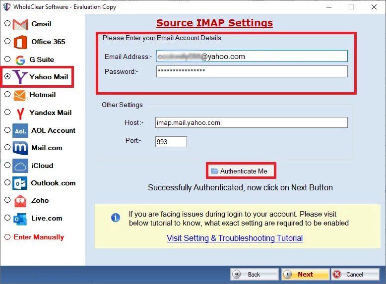 choose yahoo and authenticate account