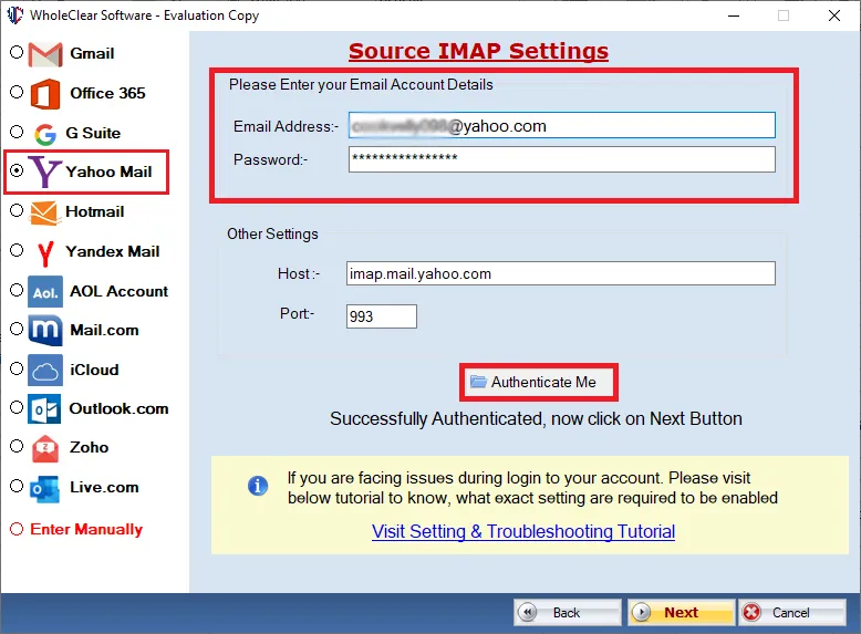 choose Yahoo and authenticate account